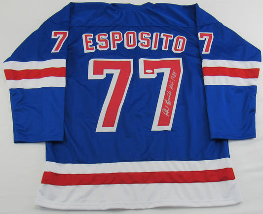 Phil Esposito Signed Auto Autograph Replica Rangers Jersey w/ HOF Insc JSA Certified