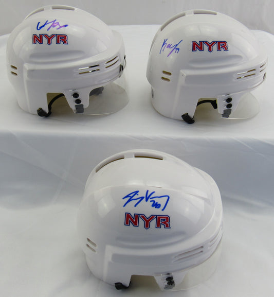 Jimmy Vesey Adam Fox K'Andre Miller Signed Auto Autograph Rangers White Mini Helmet Lot Fanatics & JSA Certified