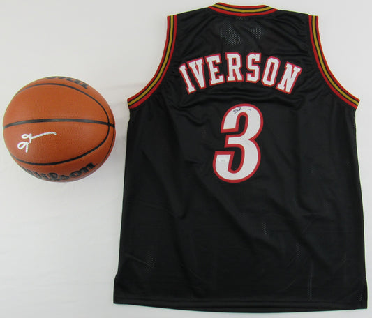 Allen Iverson Signed Auto Autograph Replica 76ers Black Jersey & Basketball Lot JSA Witness