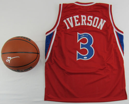 Allen Iverson Signed Auto Autograph Replica 76ers Red Jersey & Basketball Lot JSA Witness