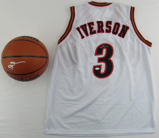 Allen Iverson Signed Auto Autograph Replica 76ers White Jersey & Basketball Lot JSA Witness