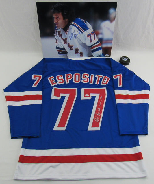 Phil Esposito Signed Auto Autograph Replica Rangers Jersey w/ Insc & 16x20 Photo & Hockey Puck Lot JSA Certified