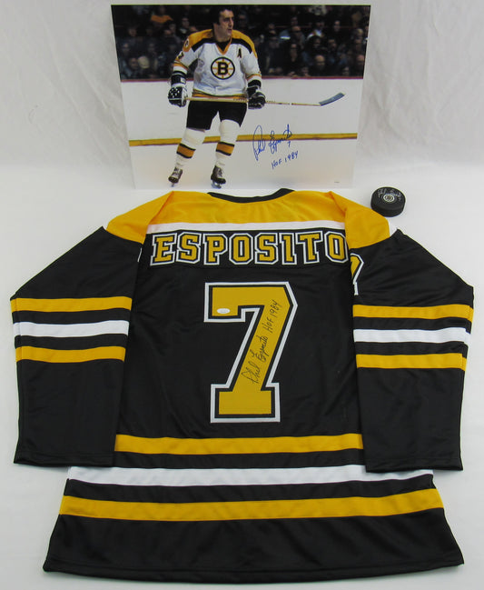 Phil Esposito Signed Auto Autograph Replica Bruins Jersey w/ Insc & 16x20 Photo w/ Insc & Hockey Puck Lot JSA Certified