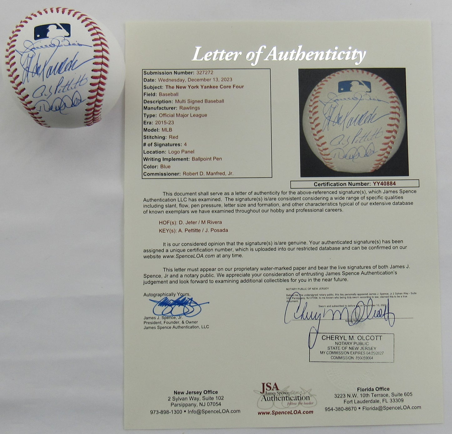 Derek Jeter Mariano Rivera Jorge Posada Andy Pettitte Signed Auto Autograph Baseball JSA LOA YY40884