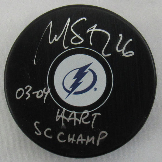Martin St Louis Signed Auto Autograph Lightning Logo Hockey Puck PSA Witness 1C96381