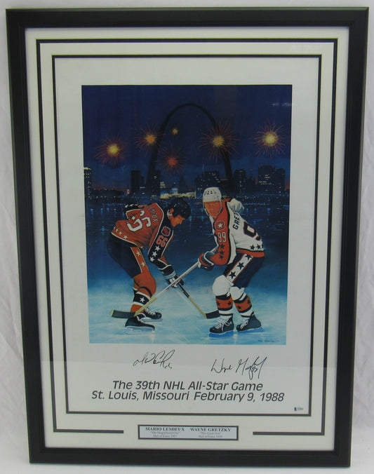 Wayne Gretzky Mario Lemieux Signed Auto Autograph Framed All Star Game Poster Beckett A78469