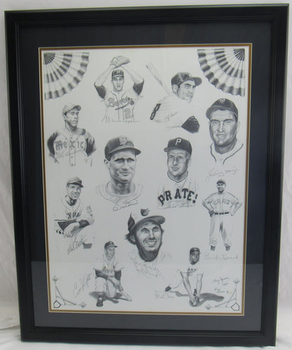 Warren Spahn, Yogi Berra, Ray Dandridge, Johnny Mize, Brooks Robinson, Johnny Pesky, Enos Slaughter, Bob Feller, Monte Irvin, Buck Leonard, Ralph Kiner Muti Signed Framed Baseball Poster