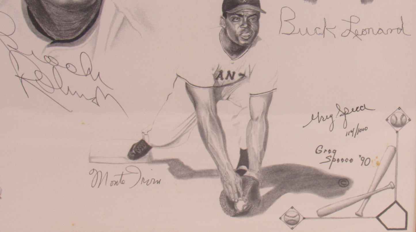 Warren Spahn, Yogi Berra, Ray Dandridge, Johnny Mize, Brooks Robinson, Johnny Pesky, Enos Slaughter, Bob Feller, Monte Irvin, Buck Leonard, Ralph Kiner Muti Signed Framed Baseball Poster