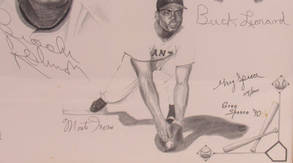 Warren Spahn, Yogi Berra, Ray Dandridge, Johnny Mize, Brooks Robinson, Johnny Pesky, Enos Slaughter, Bob Feller, Monte Irvin, Buck Leonard, Ralph Kiner Muti Signed Framed Baseball Poster