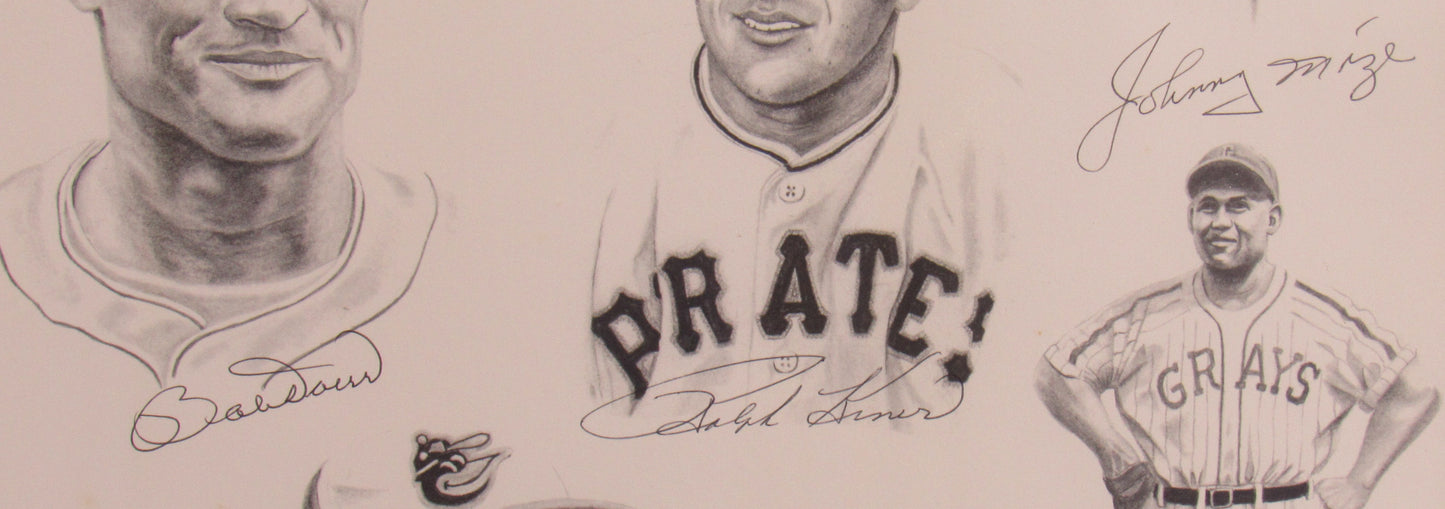 Warren Spahn, Yogi Berra, Ray Dandridge, Johnny Mize, Brooks Robinson, Johnny Pesky, Enos Slaughter, Bob Feller, Monte Irvin, Buck Leonard, Ralph Kiner Muti Signed Framed Baseball Poster